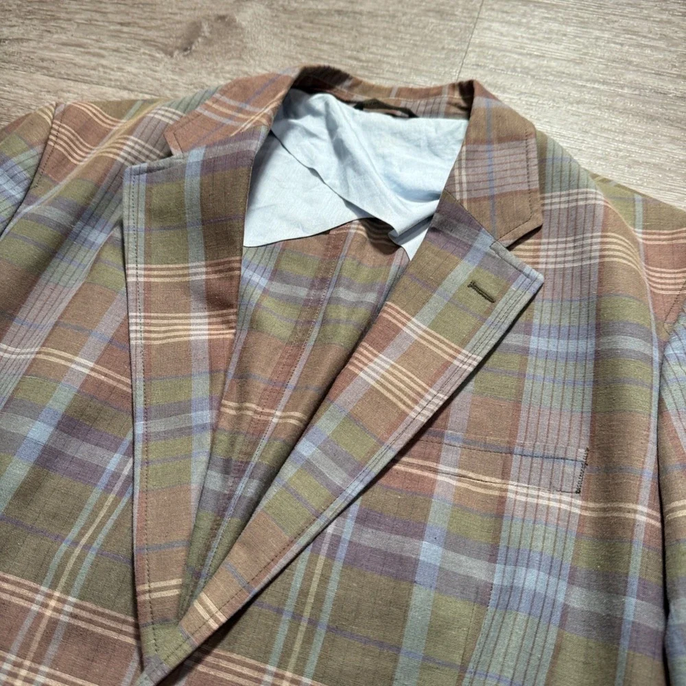 Banana Republic Sport Coat Men 42L Brown Plaid Cotton Linen Unconstructed Blazer